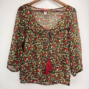 Catch My i size Large Women’s Black Multicolor Floral Sheer Ruffle Trim Top
